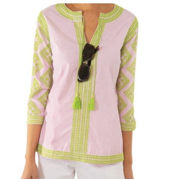 Gretchen Scott Designs Tops - Gretchen Scott Designs Embroidered Top - Odessa Pink & Green Shirt Boho Sz M